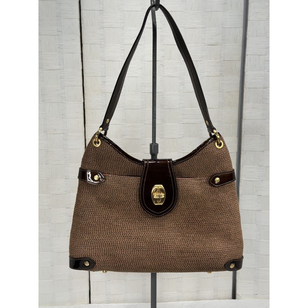 Eric Javits "Sheina" woven straw shoulder bag brown patent leather trim womens